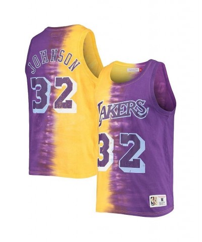 Men's Magic Johnson Gold and Purple Los Angeles Lakers Hardwood Classics Tie-Dye Name and Number Tank Top $40.80 T-Shirts