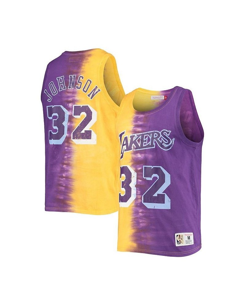 Men's Magic Johnson Gold and Purple Los Angeles Lakers Hardwood Classics Tie-Dye Name and Number Tank Top $40.80 T-Shirts