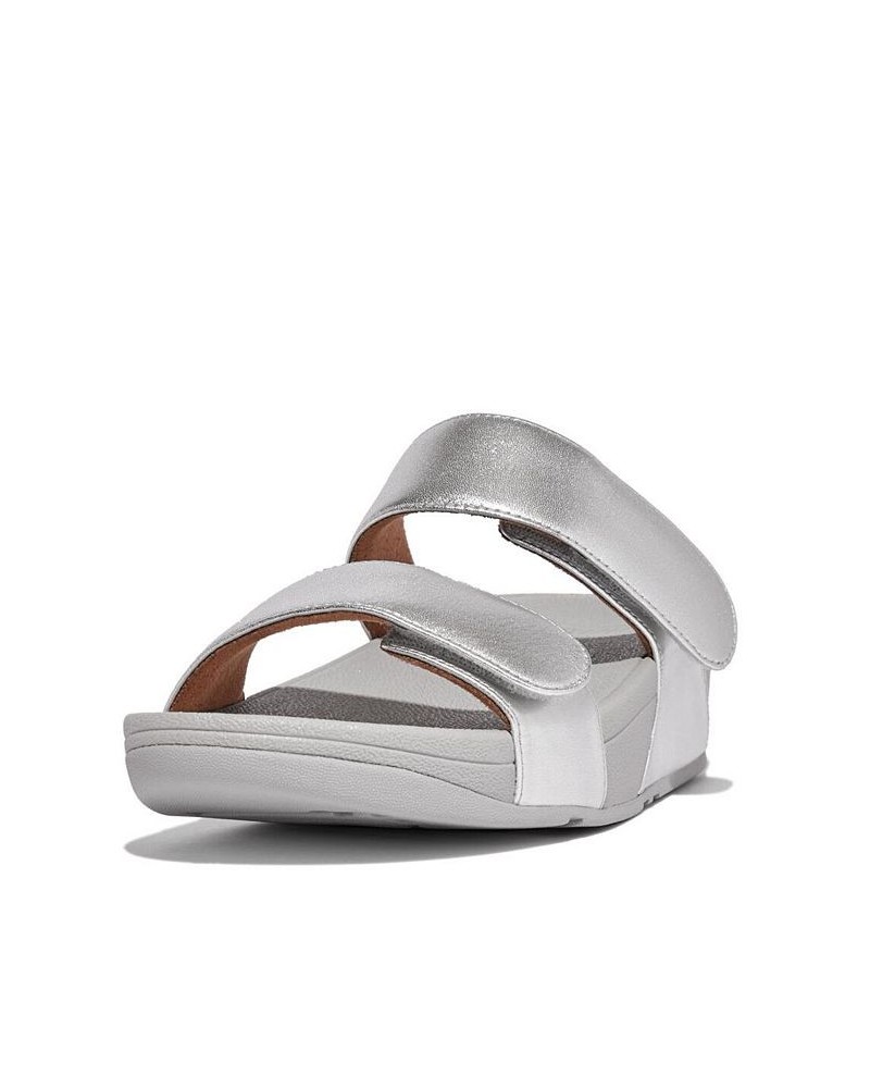 Women's Lulu Adjustable Metallic Leather Slides Gray $49.35 Shoes