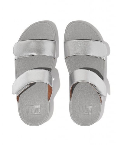 Women's Lulu Adjustable Metallic Leather Slides Gray $49.35 Shoes