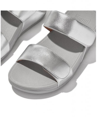 Women's Lulu Adjustable Metallic Leather Slides Gray $49.35 Shoes