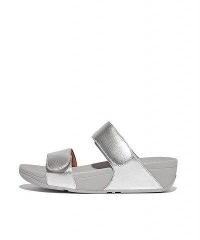 Women's Lulu Adjustable Metallic Leather Slides Gray $49.35 Shoes