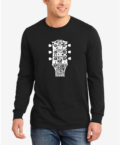 Men's Word Art Long Sleeve Guitar Head Music Genres T-shirt Black $16.80 T-Shirts