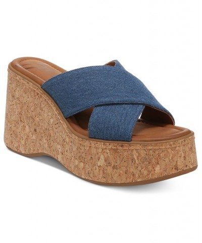 Women's Nessa Slip-On Criss Cross Band Platform Wedge Sandals Blue $47.96 Shoes