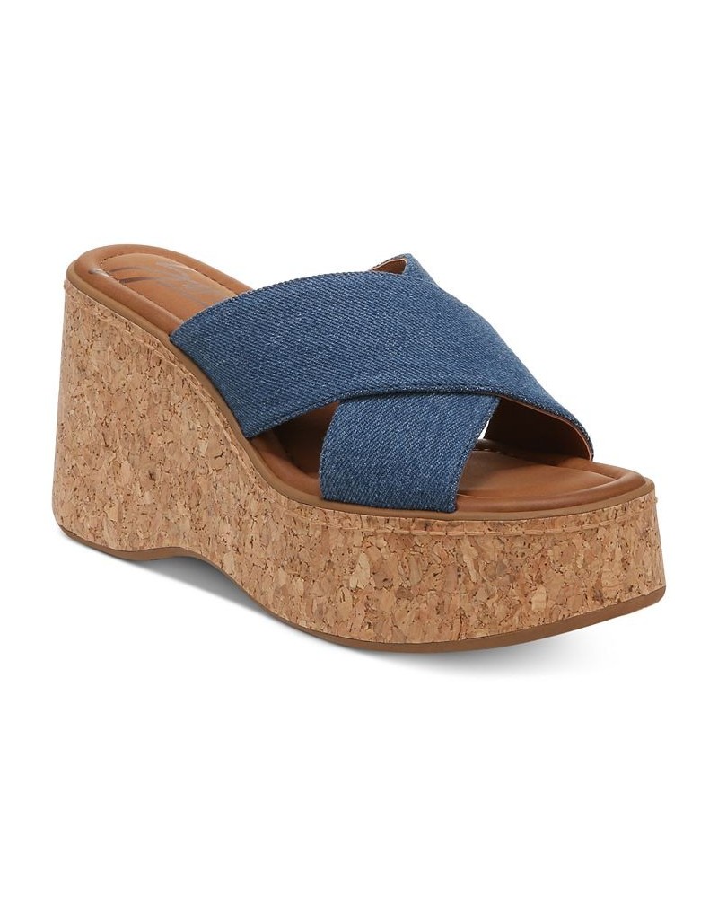 Women's Nessa Slip-On Criss Cross Band Platform Wedge Sandals Blue $47.96 Shoes