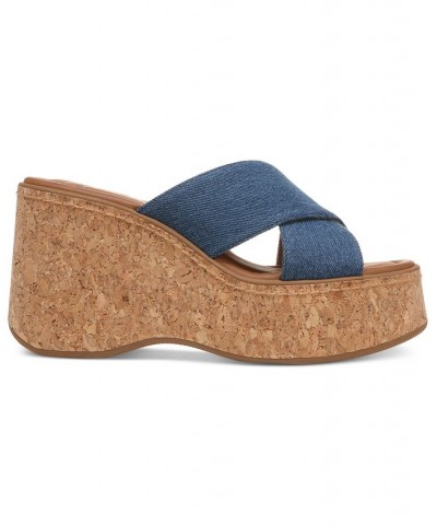 Women's Nessa Slip-On Criss Cross Band Platform Wedge Sandals Blue $47.96 Shoes