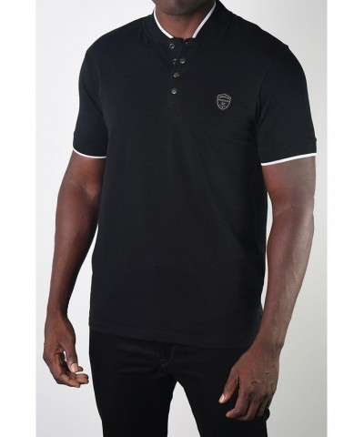 Men's Teddy Collar Metal Button Polo Black $17.55 Polo Shirts