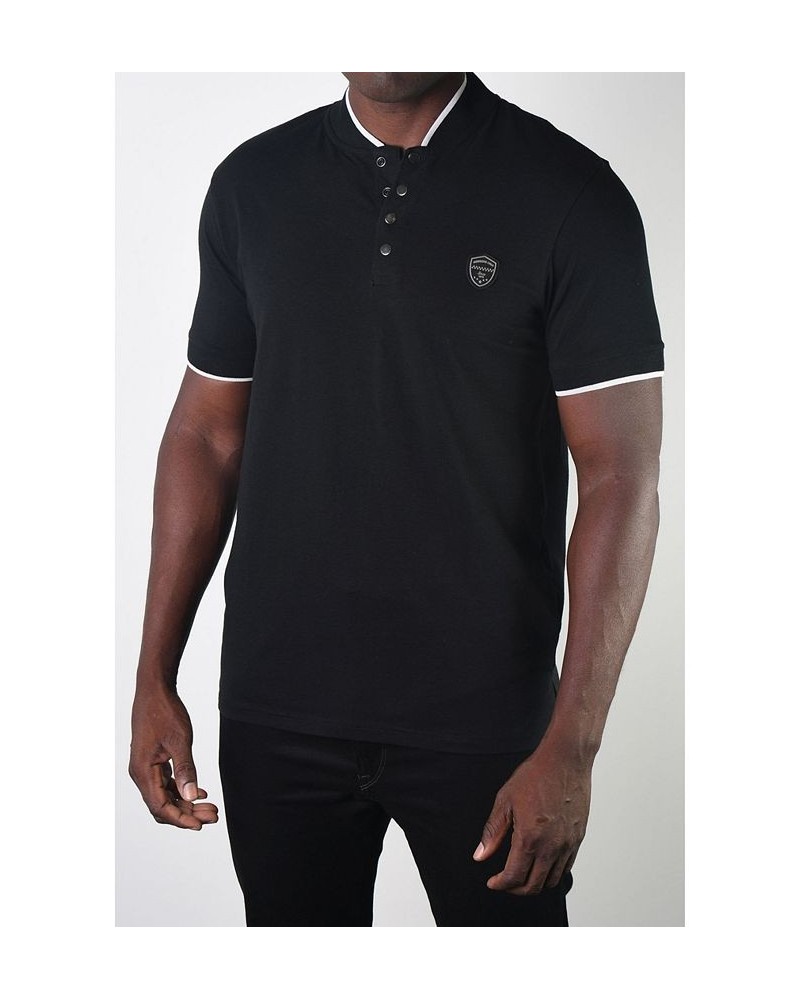 Men's Teddy Collar Metal Button Polo Black $17.55 Polo Shirts