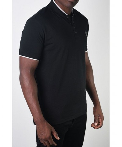 Men's Teddy Collar Metal Button Polo Black $17.55 Polo Shirts