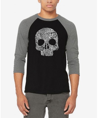 Men's Raglan Sleeves Flower Skull Baseball Word Art T-shirt Gray, Black $24.29 Shirts