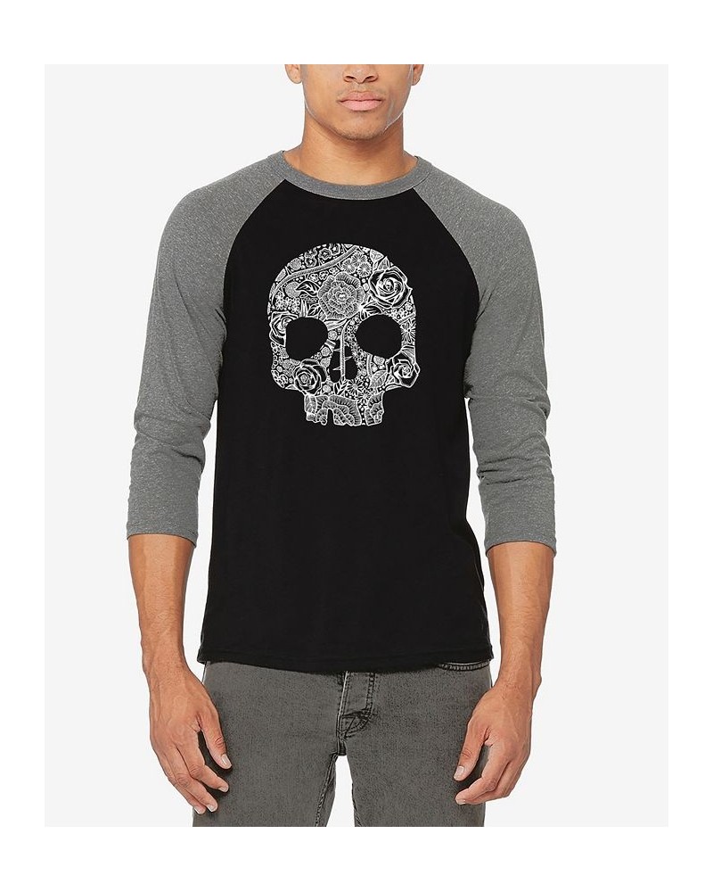 Men's Raglan Sleeves Flower Skull Baseball Word Art T-shirt Gray, Black $24.29 Shirts