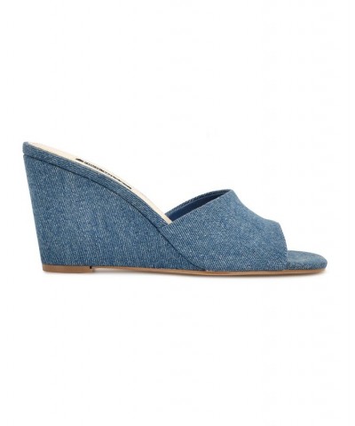 Women's Nesa Square Toe Slide-on Wedge Dress Sandals Blue $45.60 Shoes