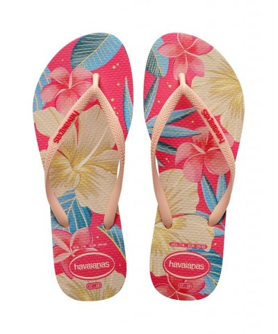 Women's Slim Floral Polyvinyl Chloride Flat Sandals Pink $15.40 Shoes