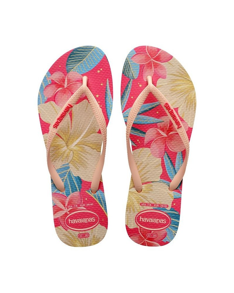 Women's Slim Floral Polyvinyl Chloride Flat Sandals Pink $15.40 Shoes