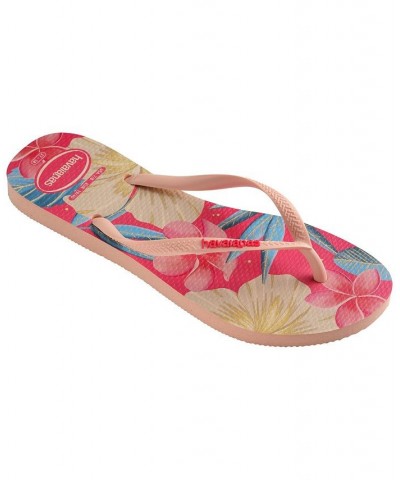 Women's Slim Floral Polyvinyl Chloride Flat Sandals Pink $15.40 Shoes