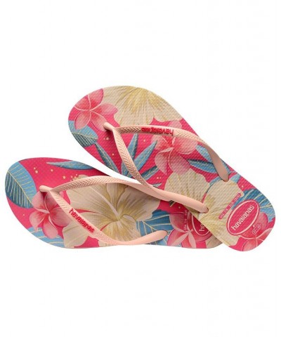 Women's Slim Floral Polyvinyl Chloride Flat Sandals Pink $15.40 Shoes