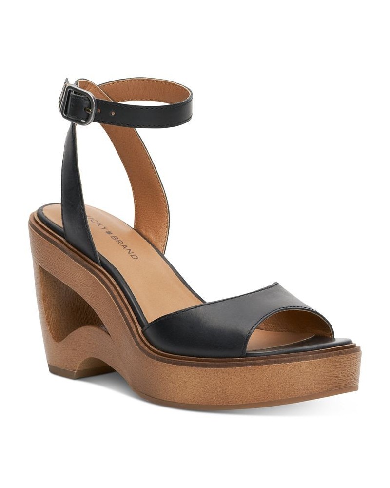 Women's Wyndin Ankle-Strap Platform Wedge Sandals Black $41.28 Shoes