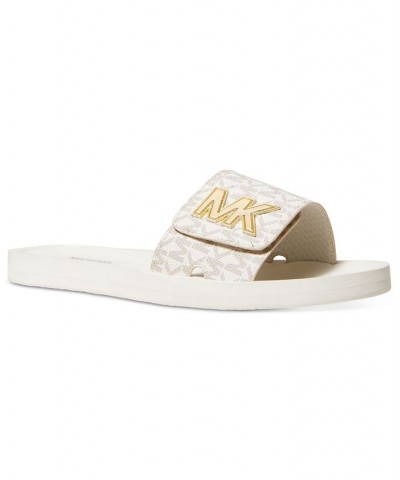 Women's MK Logo Pool Slide Sandals Tan/Beige $31.20 Shoes