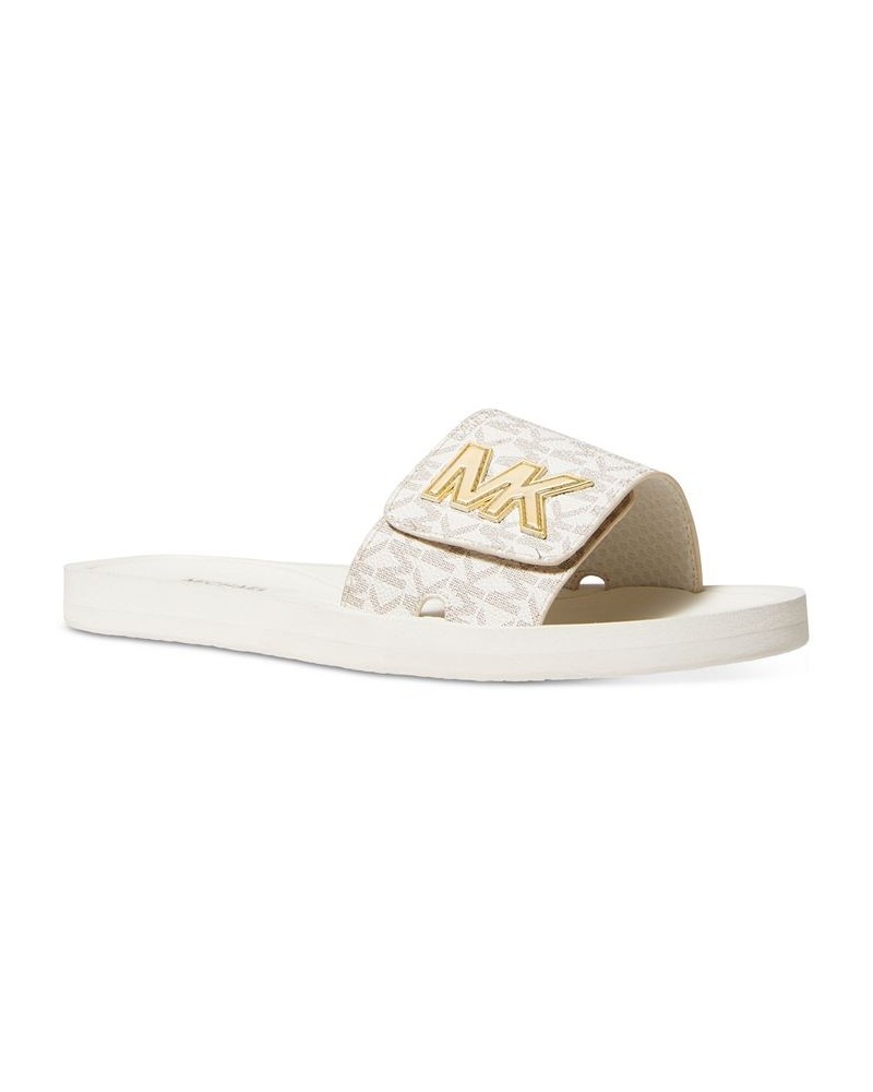 Women's MK Logo Pool Slide Sandals Tan/Beige $31.20 Shoes