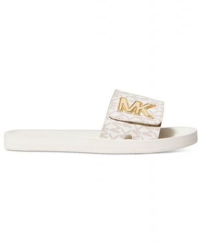 Women's MK Logo Pool Slide Sandals Tan/Beige $31.20 Shoes