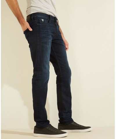 Men's Slim Fit Tapered Jeans with Front Logo Patch Blue $38.88 Jeans